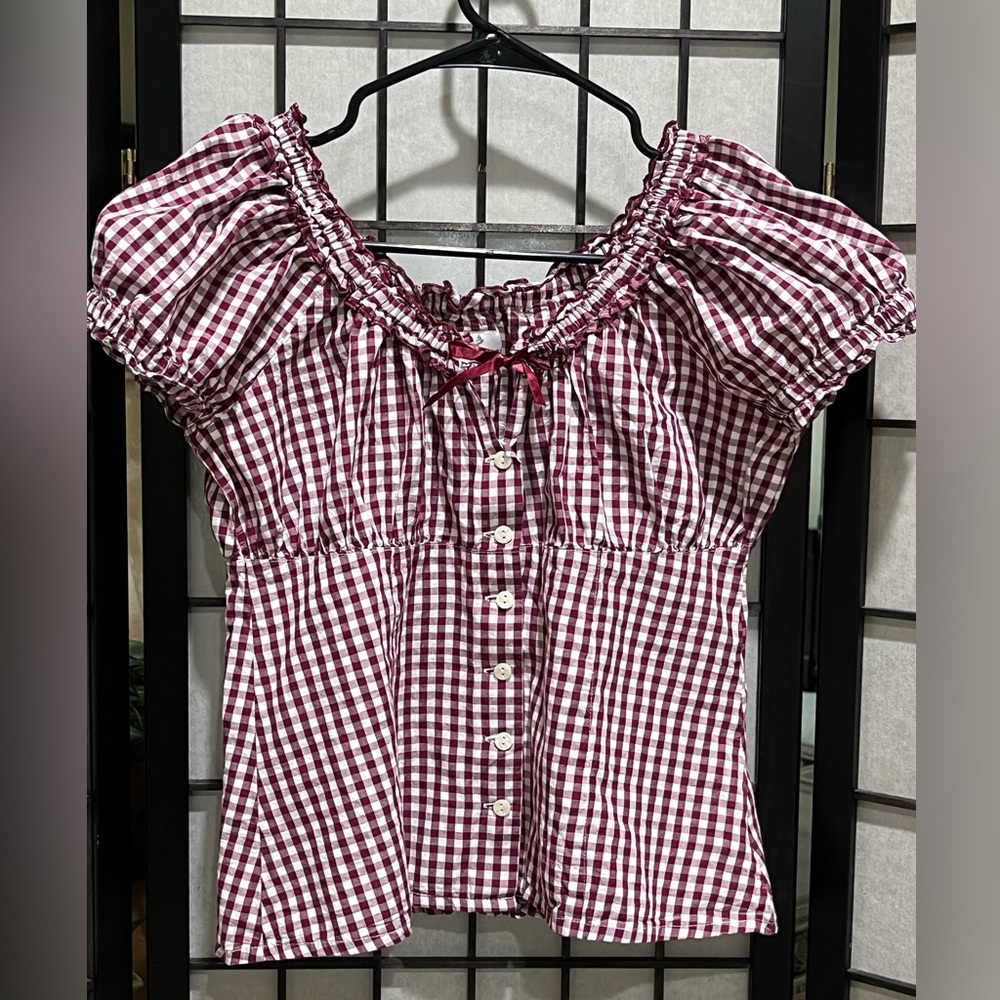 Waldschütz  VINTAGE Burgundy & White Gingham CHECKERED DIRNDL BLOUSE SIZE 38=8
